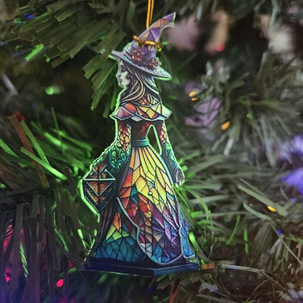 Acrylic Vintage Witch In Magical Stained Glass Dress Ornament Pendant - Picture 2 of 7